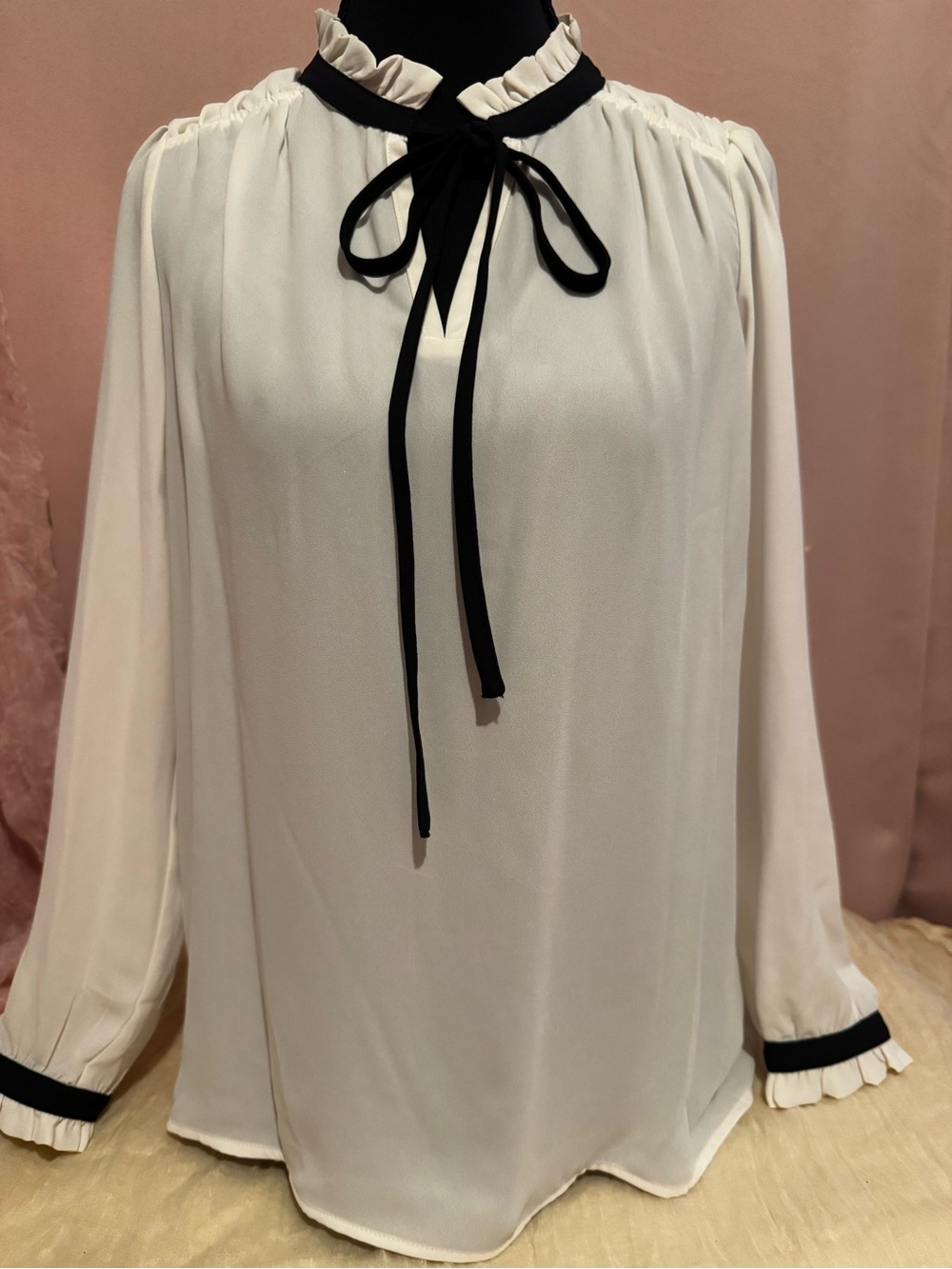 LOFT Cream Long-Sleeve Ruffle-Neck Blouse with Black Tie